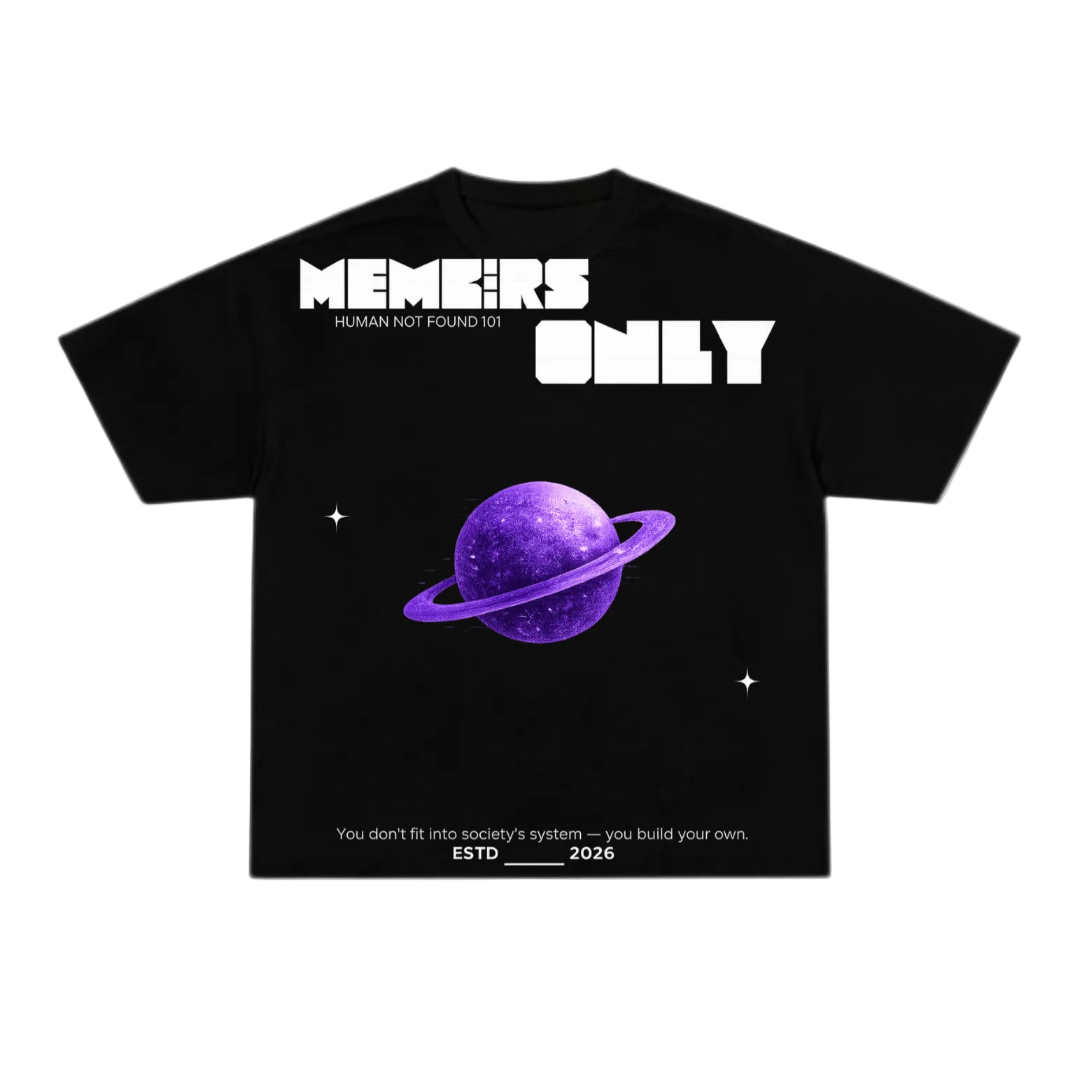 Black t-shirt with purple planet graphic and text on a white background